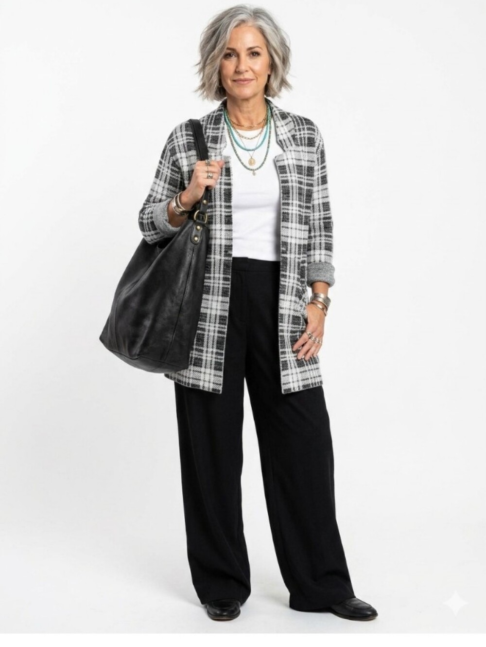Black and White Plaid Sweater Blazer - Picture 1 of 6